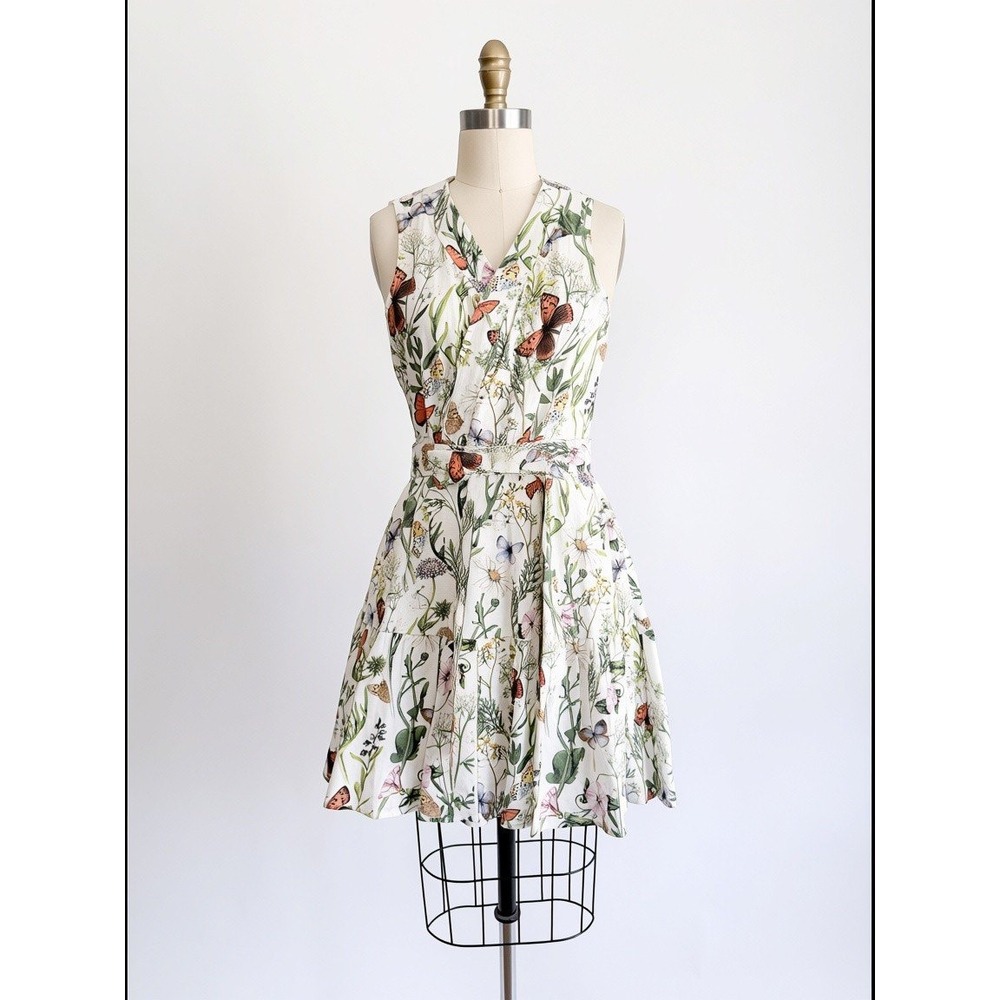 Christian Lacroix Dress Butterfly Floral Linen Blend M White Sleeveless Tiered